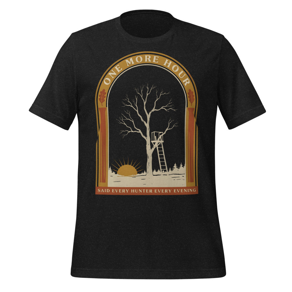 One More Hour funny deer hunting tee — Black Heather, front