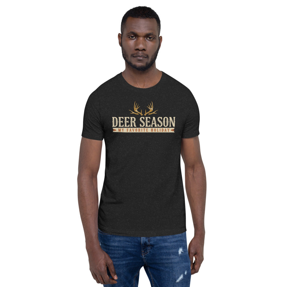 Deer Season My Favorite Holiday deer hunting tee — Black Heather, on model