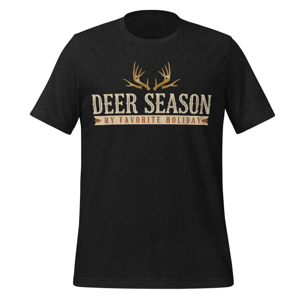 Deer Season My Favorite Holiday deer hunting tee — Black Heather, front