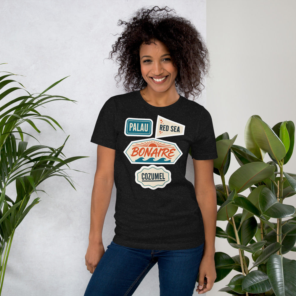 Vintage scuba diving dive sites travel decal t-shirt — Black Heather, on model