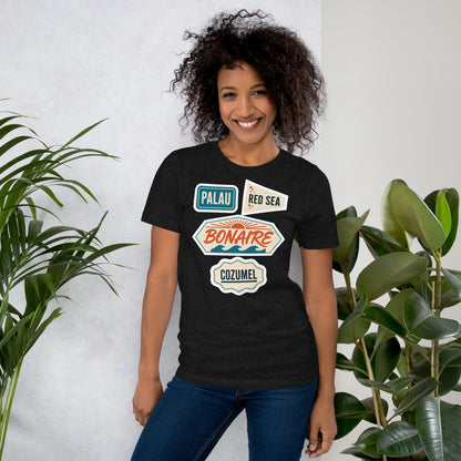 Vintage scuba diving dive sites travel decal t-shirt — Black Heather, on model