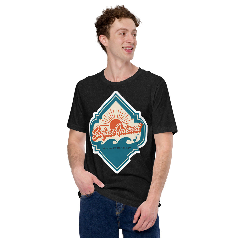 Surface Interval vintage scuba diving travel decal t-shirt — Black Heather, on model