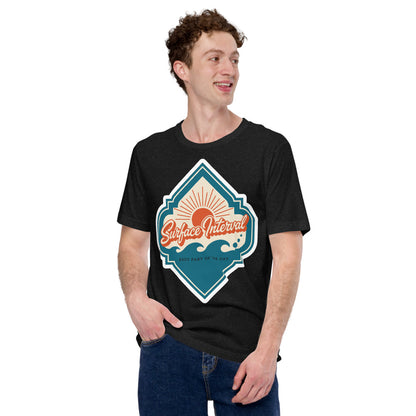 Surface Interval vintage scuba diving travel decal t-shirt — Black Heather, on model