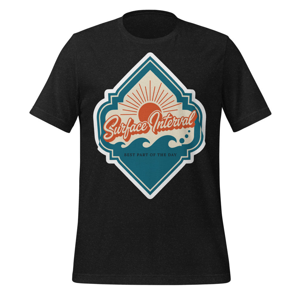 Surface Interval vintage scuba diving travel decal t-shirt — Black Heather, front