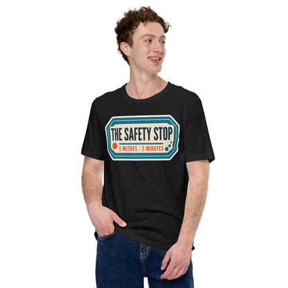 The Safety Stop vintage scuba diving travel decal t-shirt — Black Heather, on model