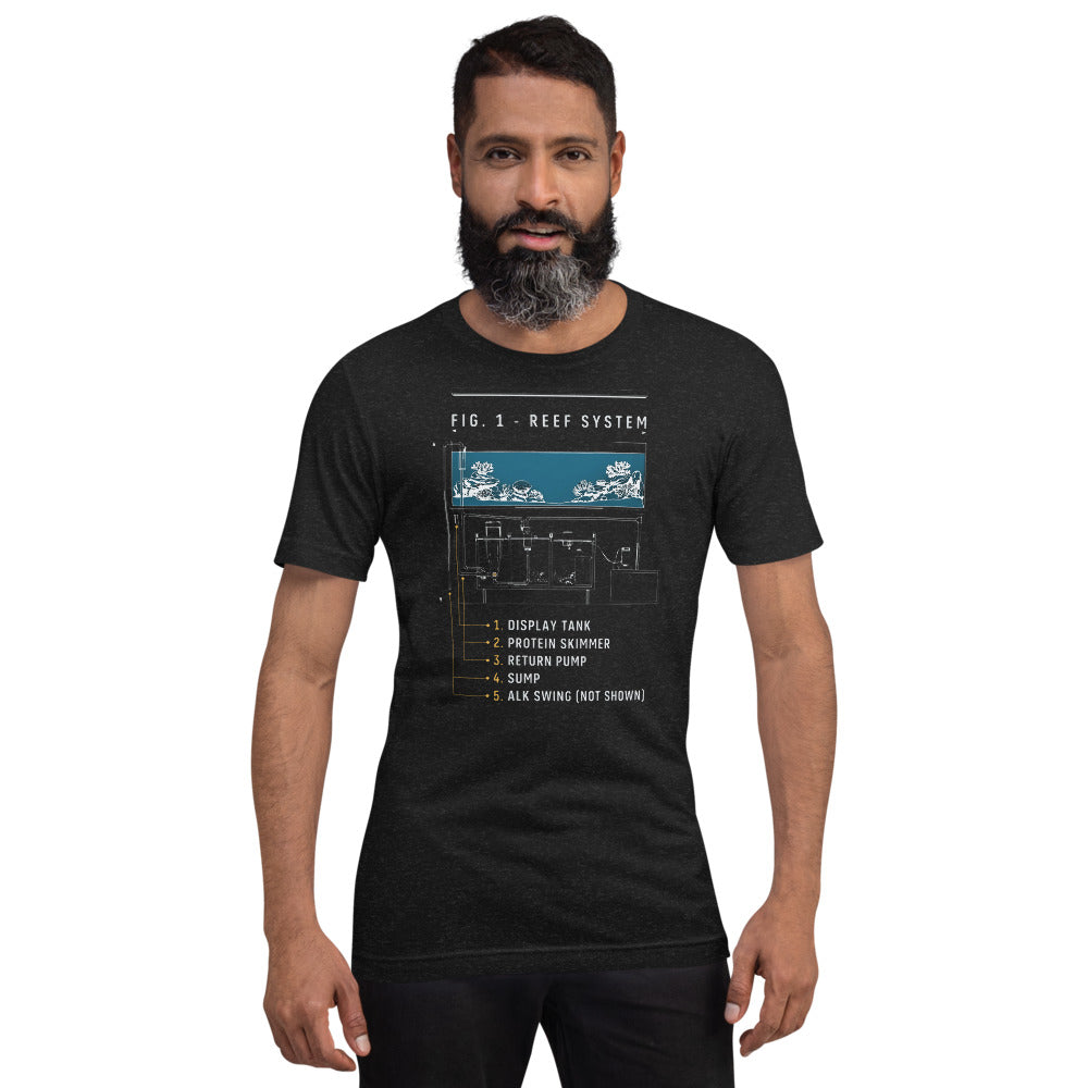 Reef System technical cutaway saltwater aquarium t-shirt — Black Heather, on model