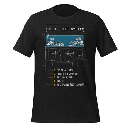Reef System technical cutaway saltwater aquarium t-shirt — Black Heather, front