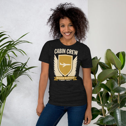 Wings Earned flight attendant tee — Black Heather, on model