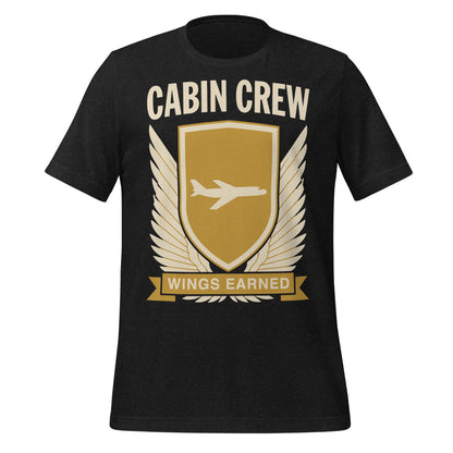 Wings Earned flight attendant tee — Black Heather, front