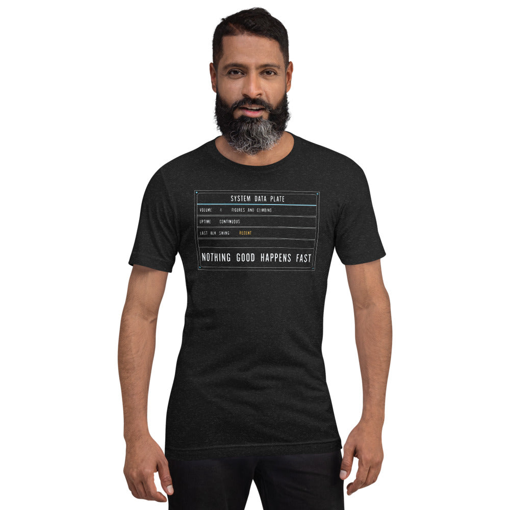 Nothing Good Happens Fast reef system data plate saltwater aquarium t-shirt — Black Heather, on model