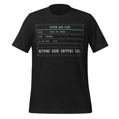 Nothing Good Happens Fast reef system data plate saltwater aquarium t-shirt — Black Heather, front