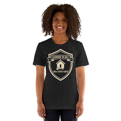Licensed to Sell real estate agent tee — Black Heather, on model
