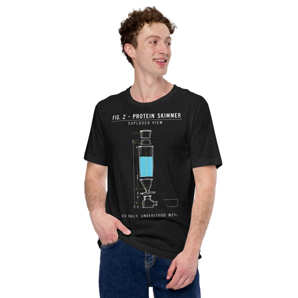 Protein Skimmer Exploded View reef tank saltwater aquarium t-shirt — Black Heather, on model