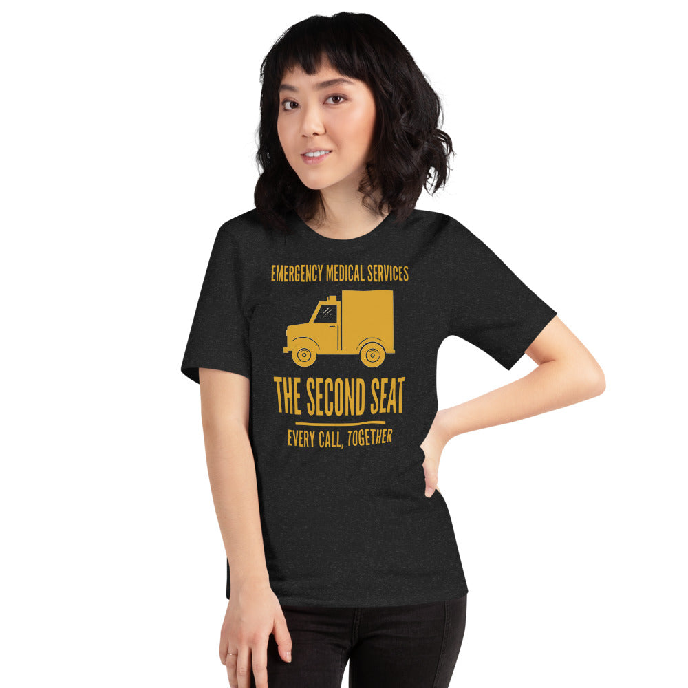 The Second Seat EMS paramedic tee — Black Heather, on model