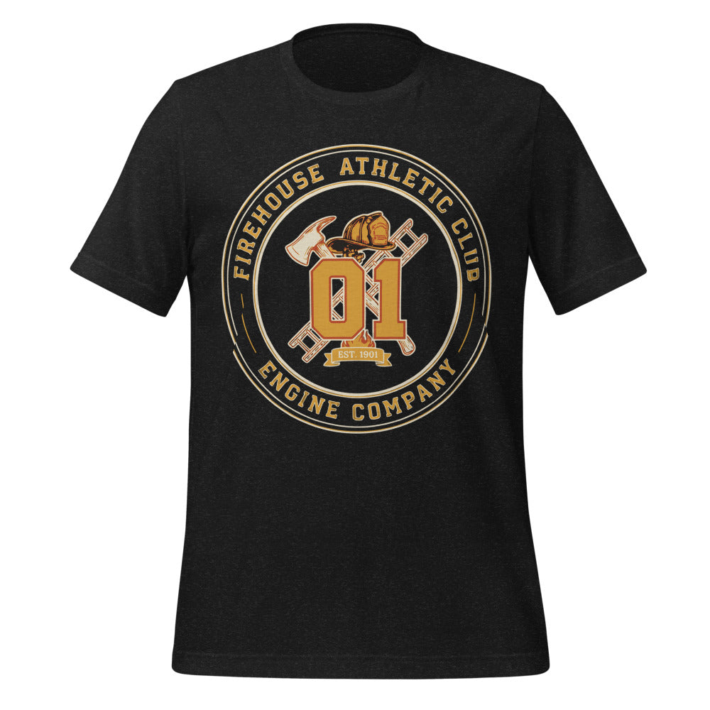 Firehouse Athletic Club retro firefighter emblem tee — Black Heather, front