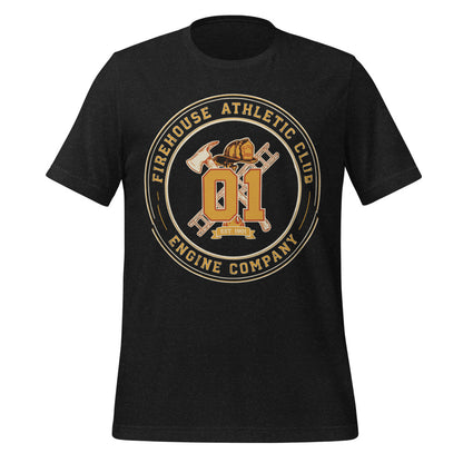 Firehouse Athletic Club retro firefighter emblem tee — Black Heather, front