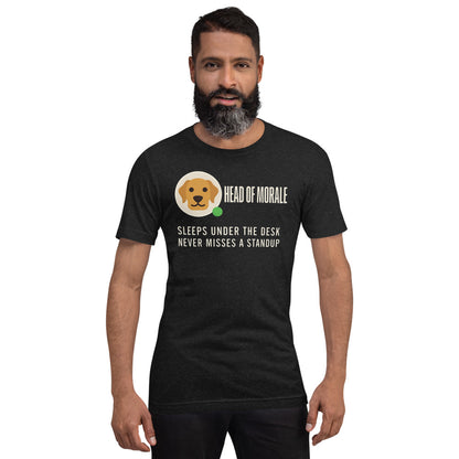 Head of Morale dog profile card unisex t-shirt — Black Heather, on model