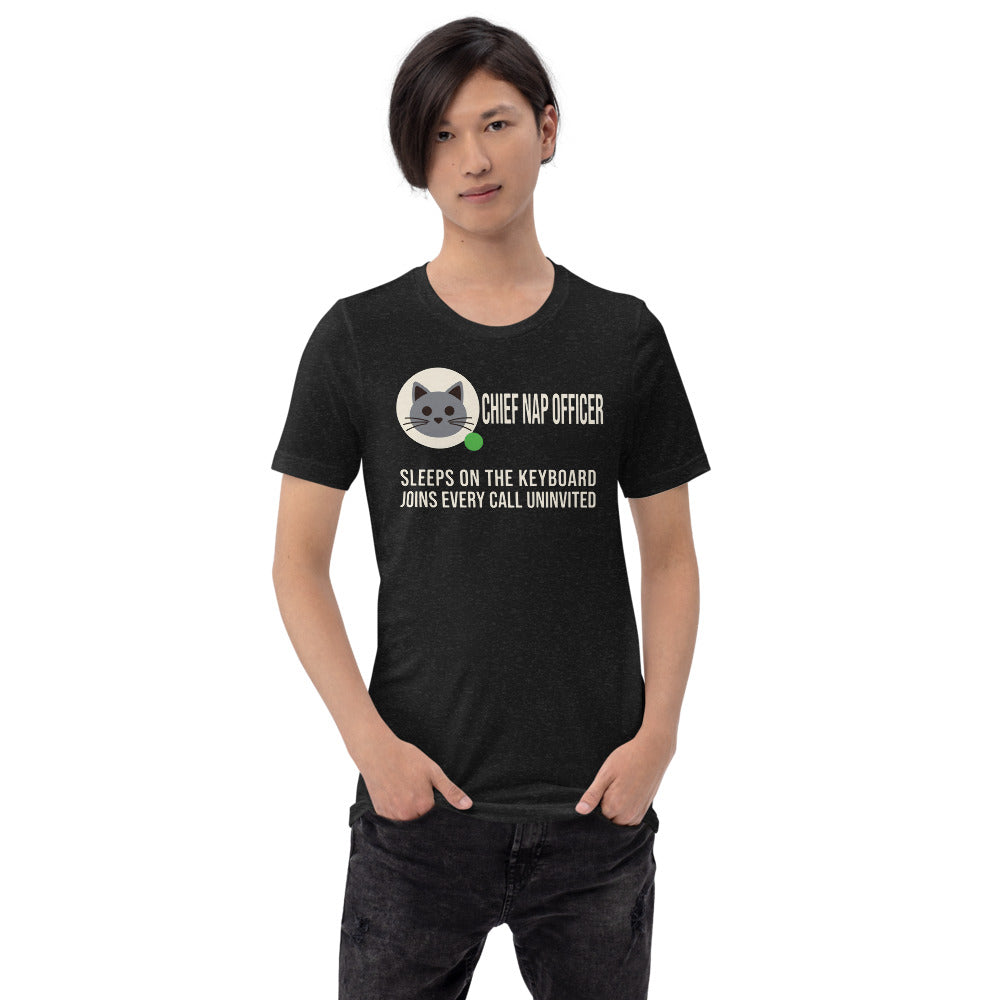 Chief Nap Officer cat profile card unisex t-shirt — Black Heather, on model