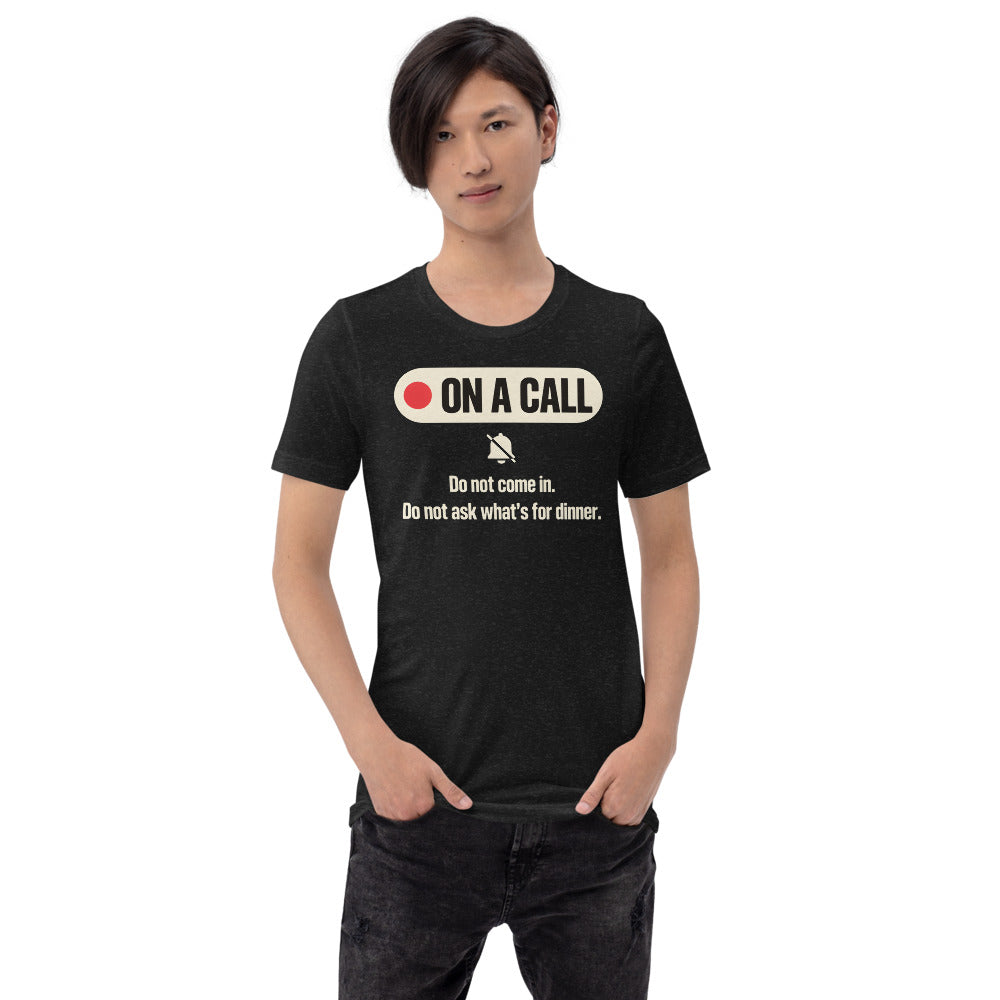 On A Call do not disturb status unisex t-shirt — Black Heather, on model