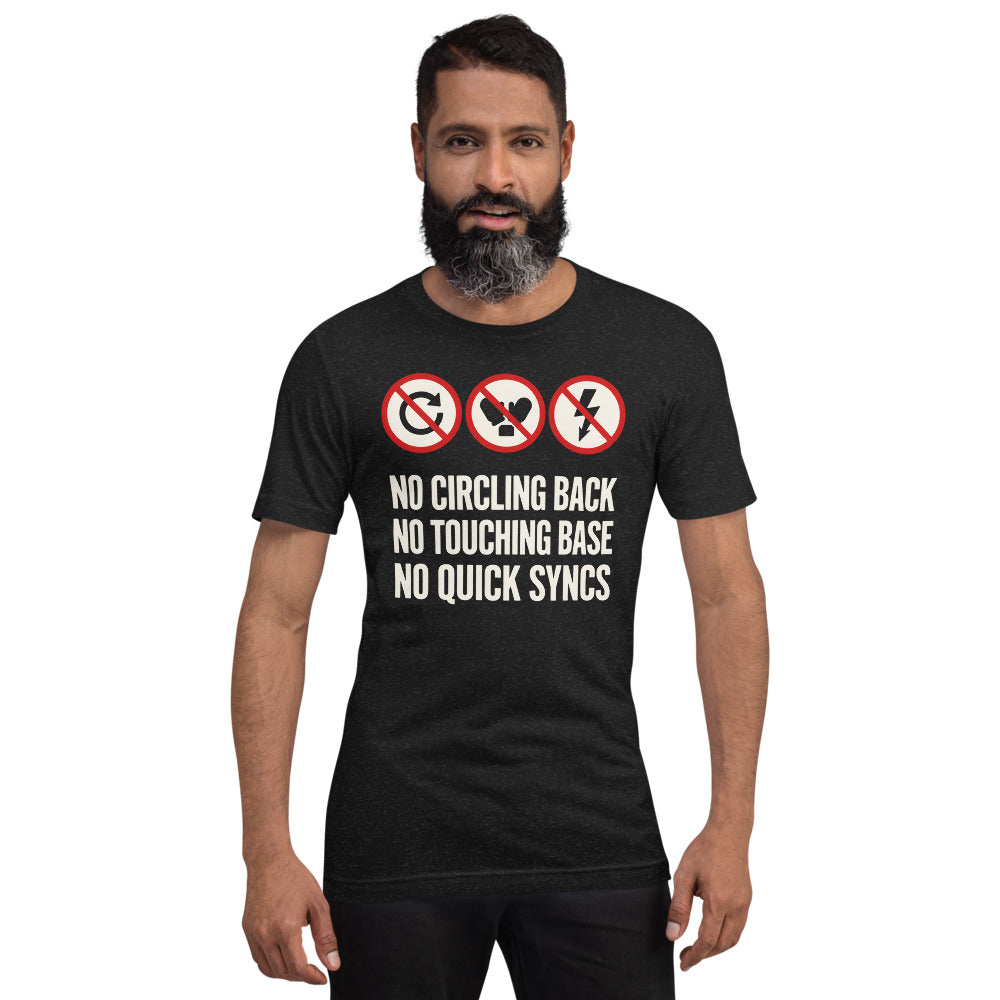 No Circling Back corporate jargon prohibition signs unisex t-shirt — Black Heather, on model