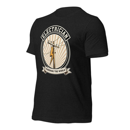 Powering The World electrician emblem tee — Black Heather, front-right