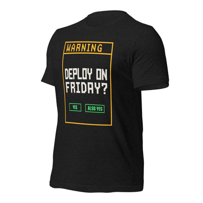 Deploy On Friday programmer tee — Black Heather, front-right