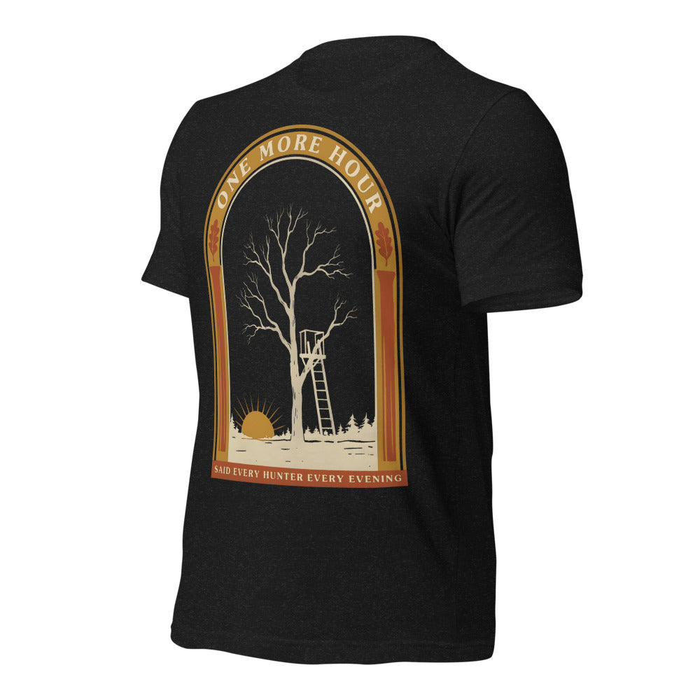 One More Hour funny deer hunting tee — Black Heather, front-right