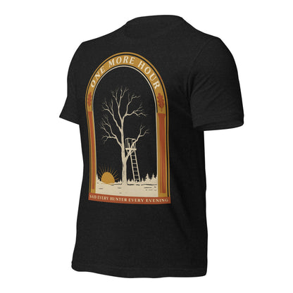 One More Hour funny deer hunting tee — Black Heather, front-right