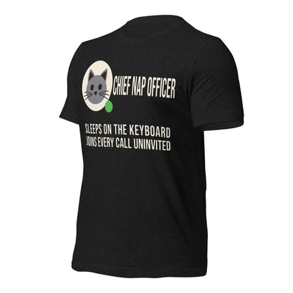Chief Nap Officer cat profile card unisex t-shirt — Black Heather, front-right
