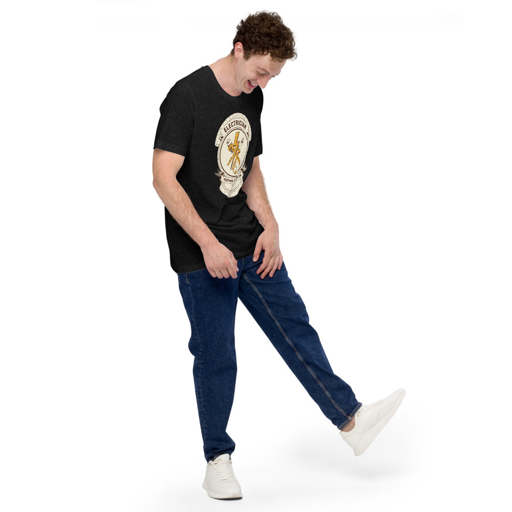 Electrician Journeyman trade crest tee — Black Heather, on model