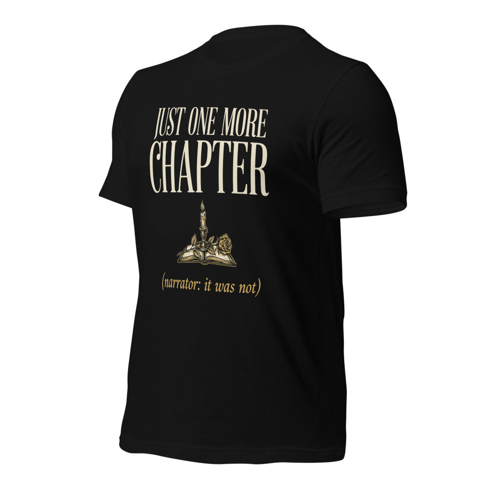 Just One More Chapter book lover dark academia tee — Black, front right