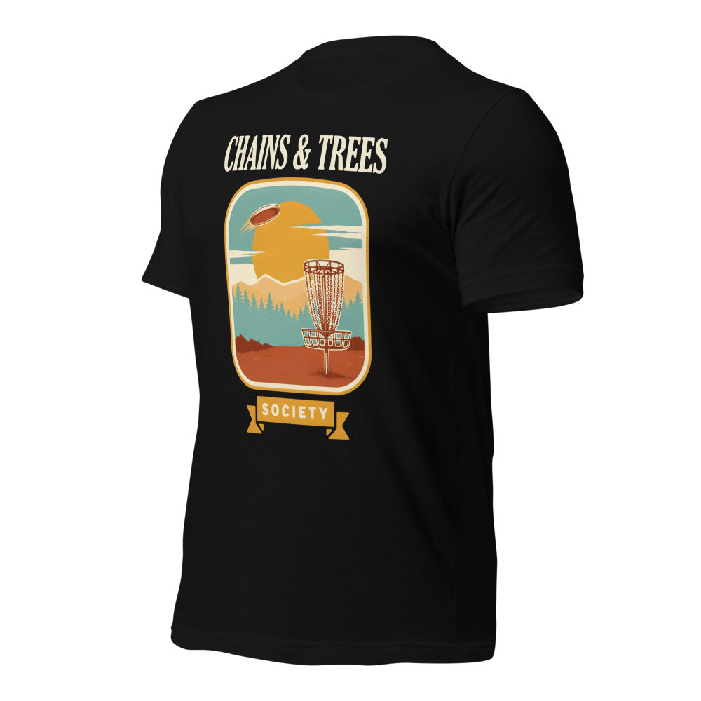 Chains & Trees Society disc golf retro landscape tee — Black, front right