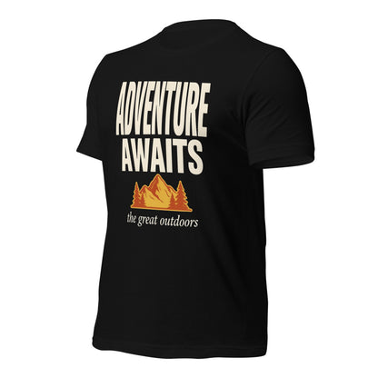 Adventure Awaits retro outdoors typography tee — Black, front right