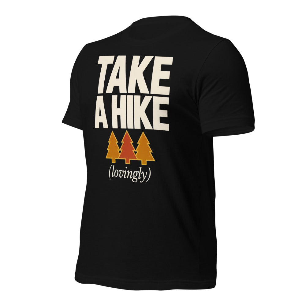 Take a Hike retro outdoors humor typography tee — Black, front-right