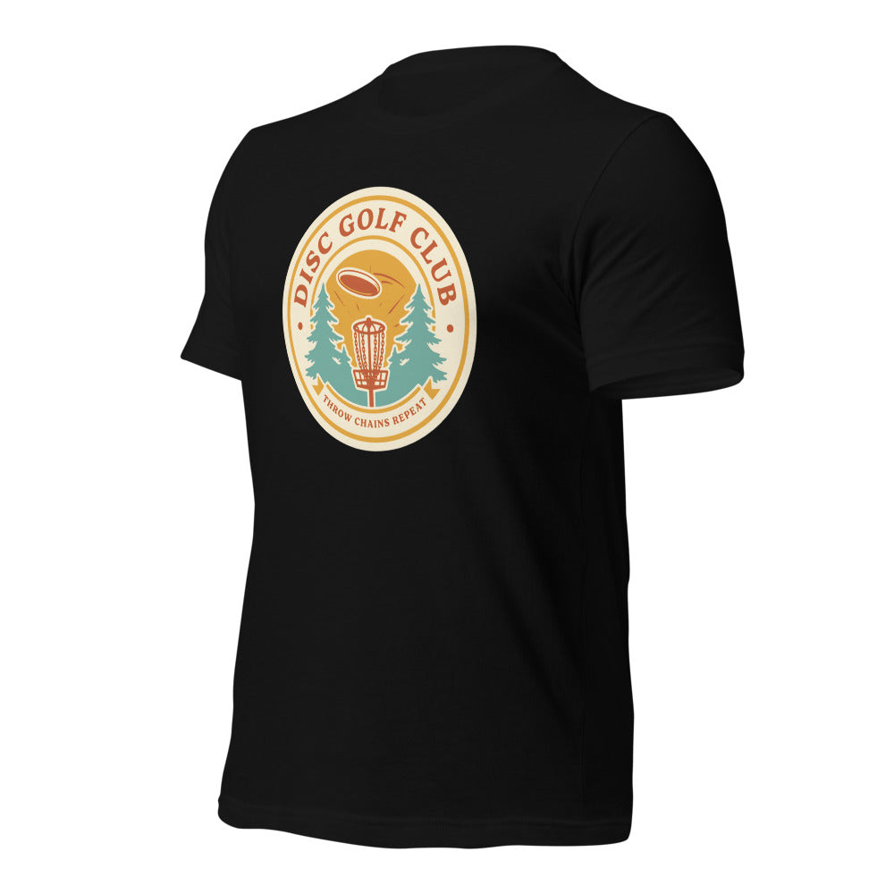 Disc Golf Club retro badge tee — Black, front-right