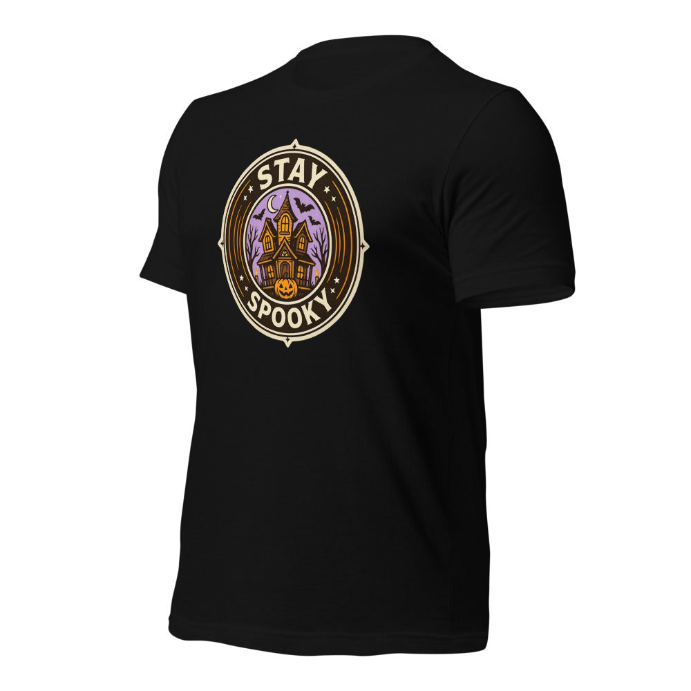 Stay Spooky retro Halloween vintage badge tee — Black, front-right