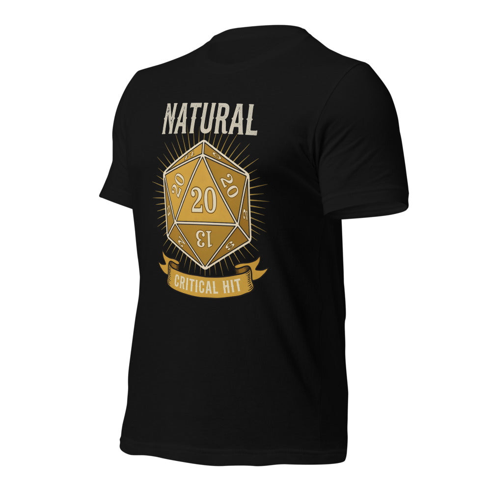 Natural 20 critical hit d20 tabletop RPG tee — Black, front-right
