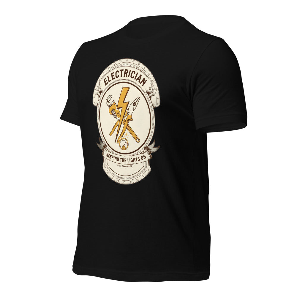 Electrician Journeyman trade crest tee — Black, front-right