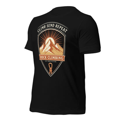 Climb Send Repeat mountaineering crest t-shirt — Black, front-right