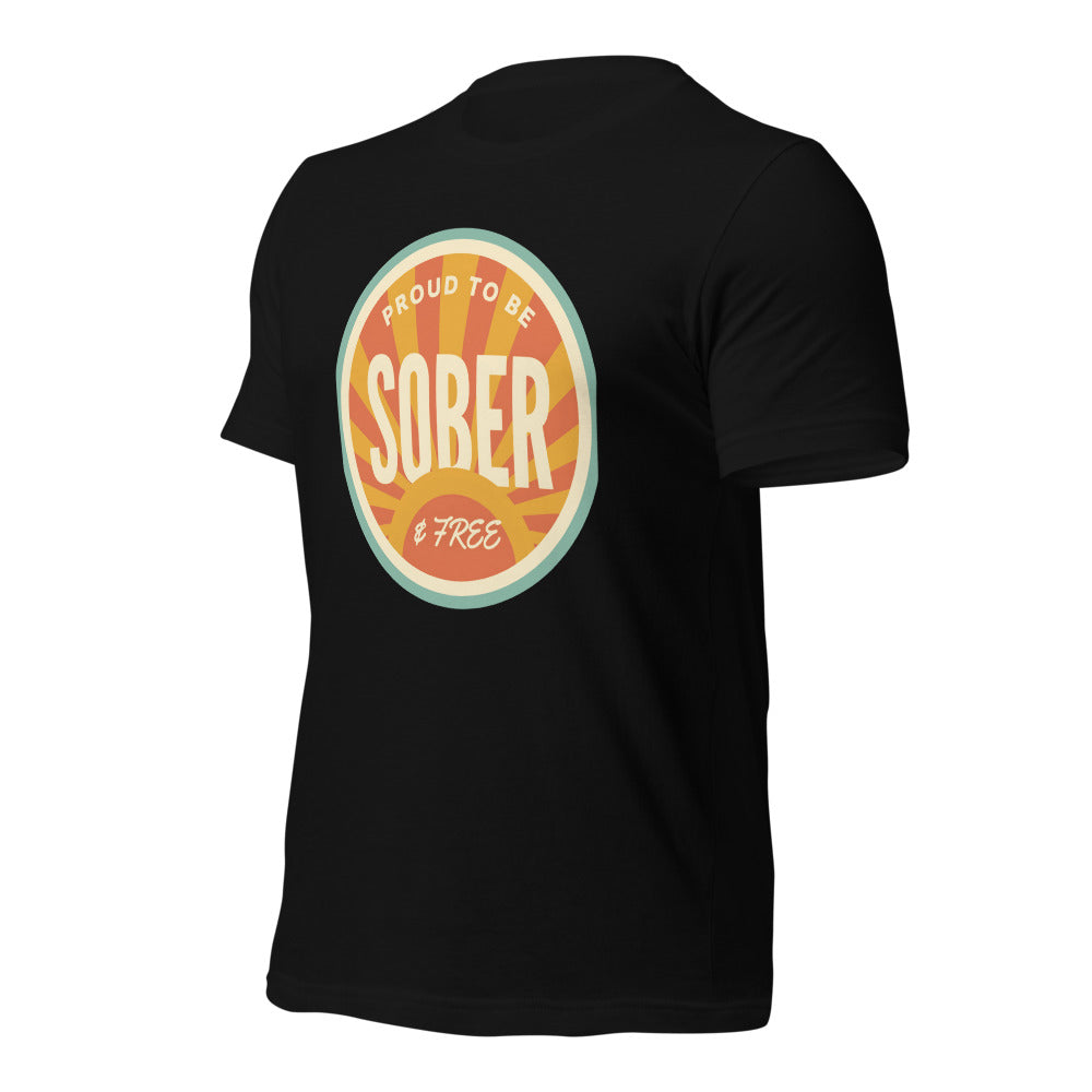 Sober & Proud retro sunburst tee — Black, front-right