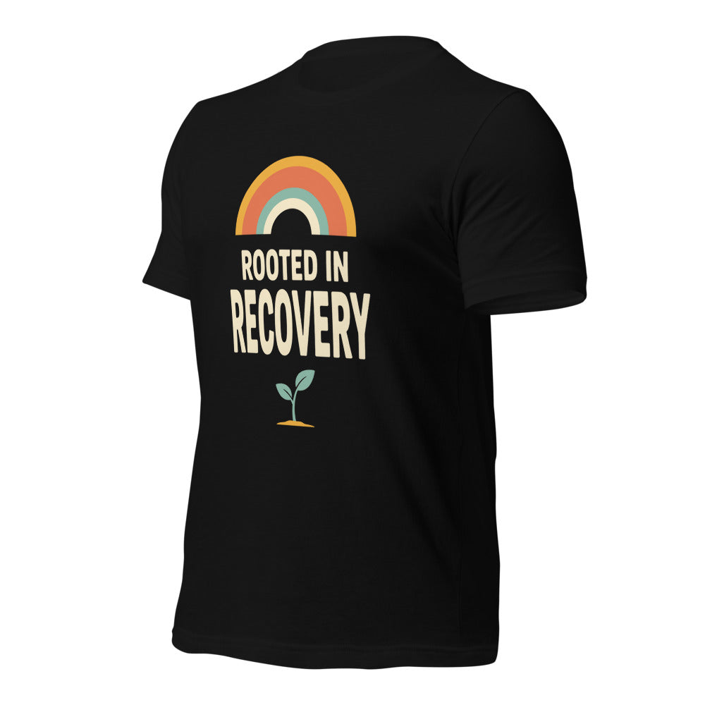 Rooted in Recovery retro rainbow tee — Black, front-right