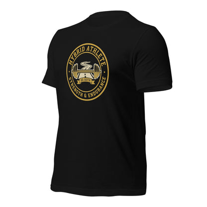 Hybrid Athlete vintage athletic-department crest tee — Black, front-right