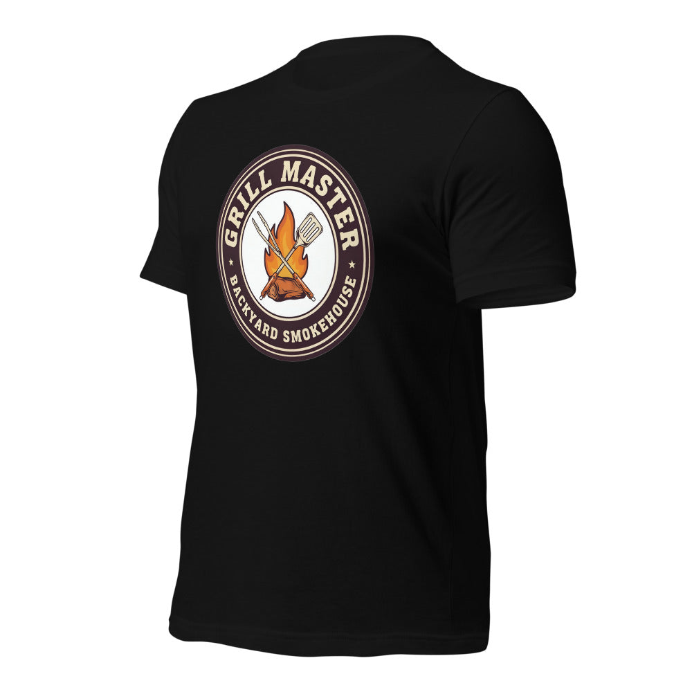 Grill Master retro backyard smokehouse tee — Black, front-right