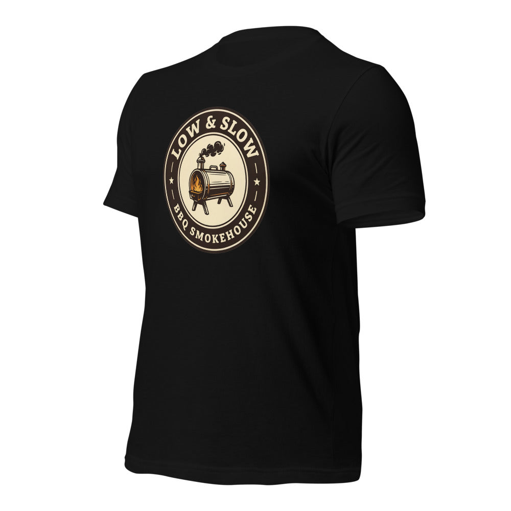 Low & Slow BBQ smoker tee — Black, front-right