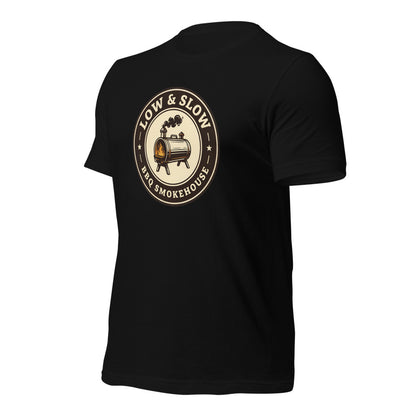 Low & Slow BBQ smoker tee — Black, front-right