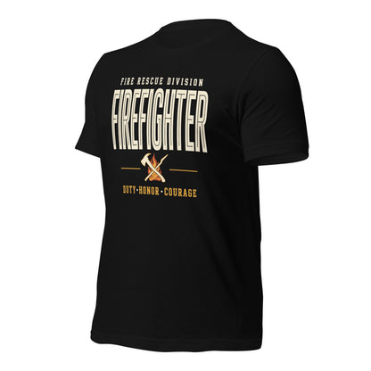 Firefighter collegiate wordmark retro fire-rescue tee — Black, front-right