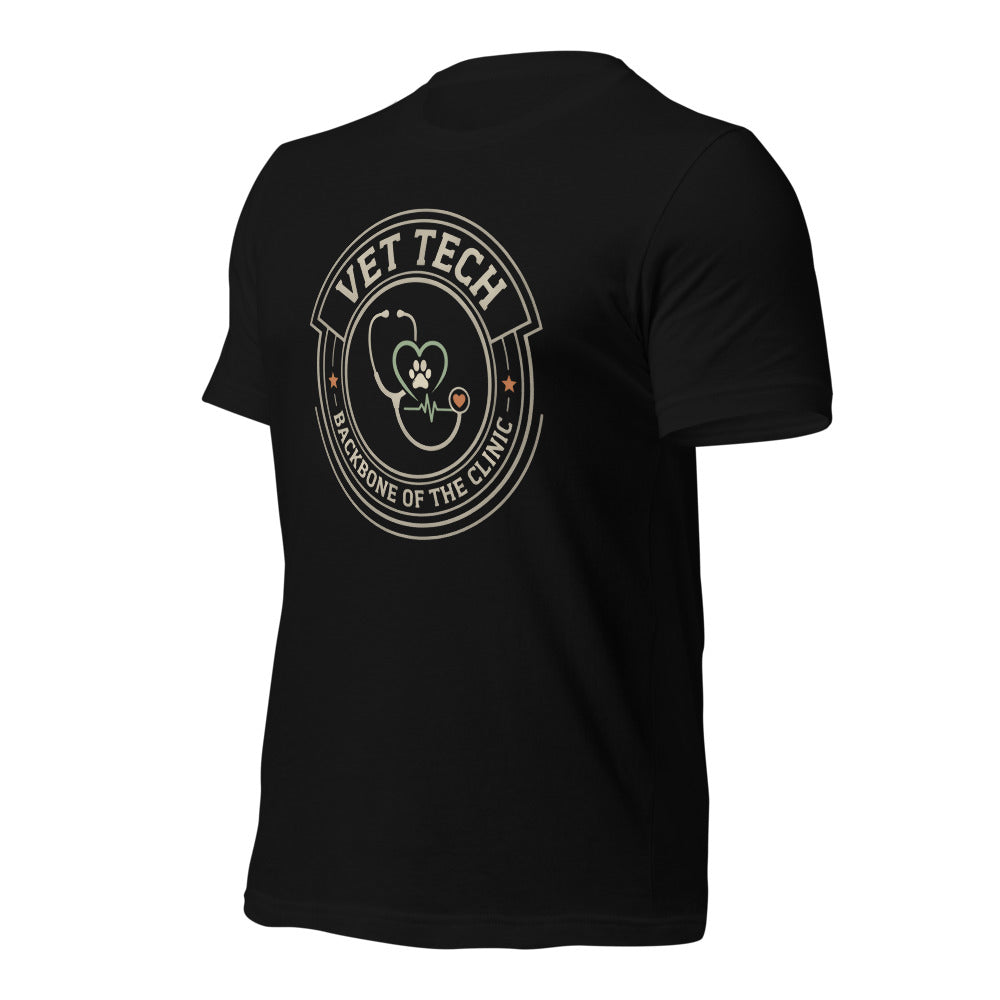 Vet Tech Crest retro veterinary technician tee — Black, front-right
