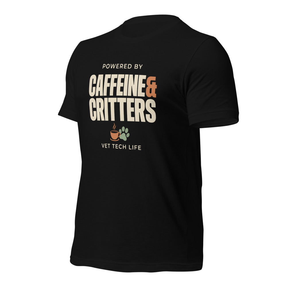 Powered by Caffeine & Critters funny vet tech tee — Black, front-right