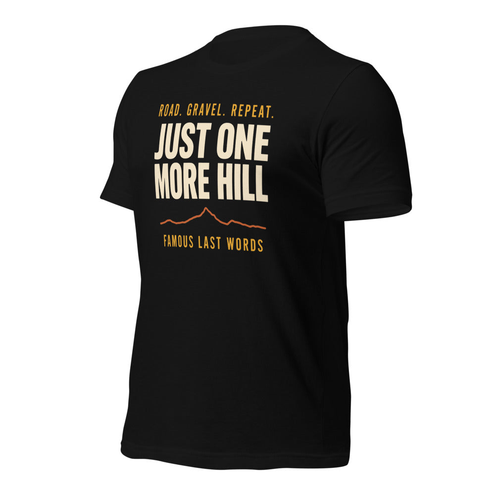 Just One More Hill retro cycling climb t-shirt — Black, front-right