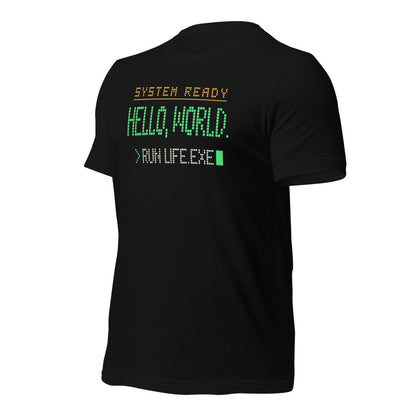 Hello World retro boot screen programmer tee — Black, front-right